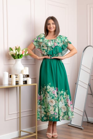 Rochii - Rochie eleganta lunga Ayana cu imprimeri florale si volane ample - Verde