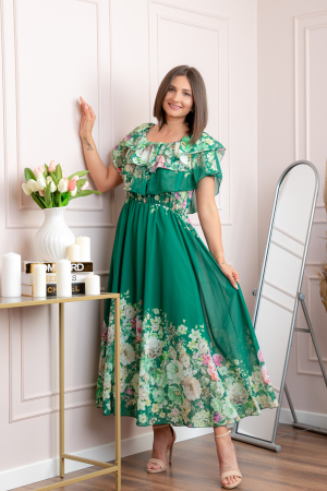 Rochie eleganta lunga Ayana cu imprimeri florale si volane ample - Verde [2]
