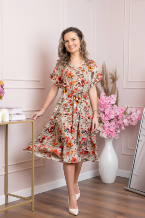 Rochie eleganta Maribel cu volanase si cordon in talie - Bej [2]