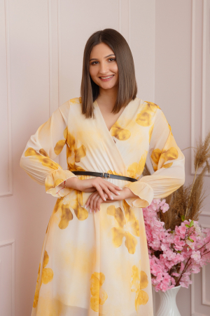 Rochie eleganta Melody din voal cu imprimeu floral galben si bust petrecut [1]