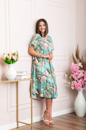 Rochie eleganta Mirabelle cu imprimeu floral - Turcoaz cu auriu [2]