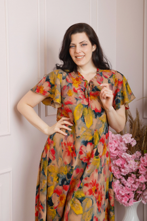 Rochie eleganta Penelope cu baza asimetrica si imprimeu floral - Bej [1]