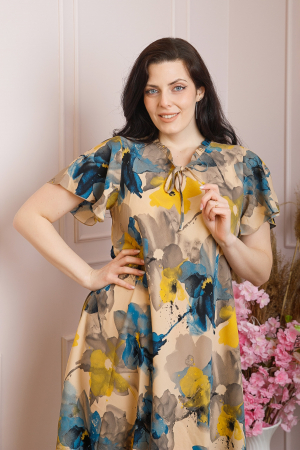 Rochie eleganta Penelope cu baza asimetrica si imprimeu floral - Crem cu turcoaz [1]