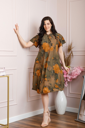 Rochie eleganta Penelope cu baza asimetrica si imprimeu floral - Kaki [3]