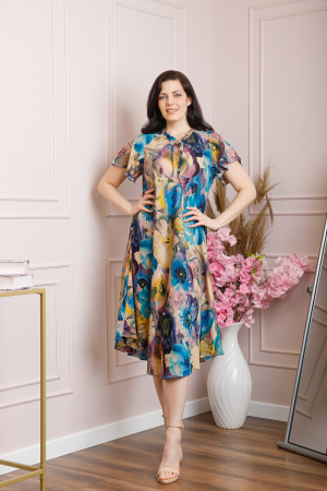 Rochie eleganta Penelope cu baza asimetrica si imprimeu floral - Turcoaz [2]