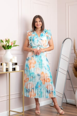 Rochii - Rochie eleganta plisata Cindy cu imprimeu floral si volane la umeri - Bleu pastel