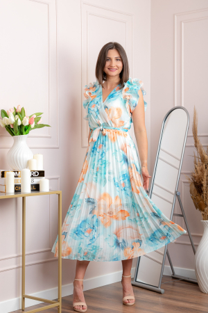 Rochie eleganta plisata Cindy cu imprimeu floral si volane la umeri - Bleu pastel [3]
