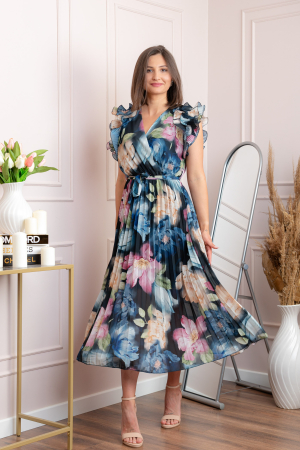 Rochie eleganta plisata Cindy cu imprimeu floral si volane la umeri - Bleumarin [3]