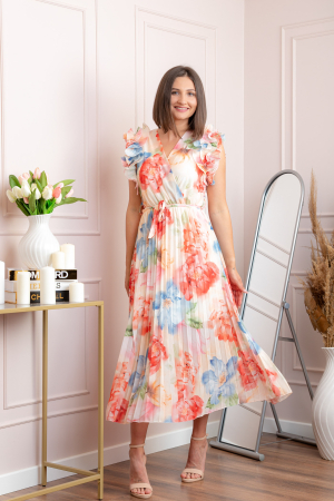 Rochie eleganta plisata Cindy cu imprimeu floral si volane la umeri - Corai [3]