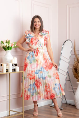 Rochii - Rochie eleganta plisata Cindy cu imprimeu floral si volane la umeri - Corai