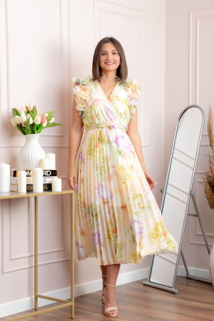 Rochie eleganta plisata Cindy cu imprimeu floral si volane la umeri - Galben pastel [2]