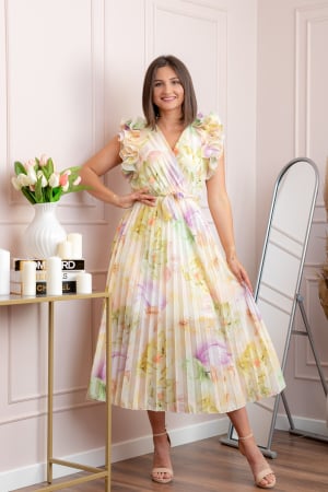 Rochii - Rochie eleganta plisata Cindy cu imprimeu floral si volane la umeri - Galben pastel
