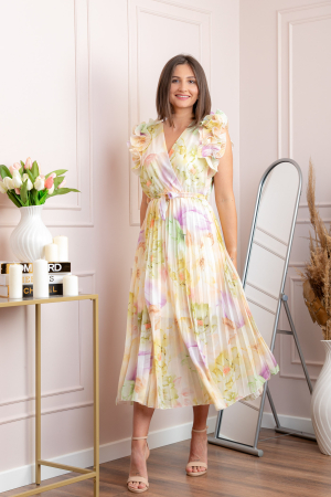 Rochie eleganta plisata Cindy cu imprimeu floral si volane la umeri - Galben pastel [3]