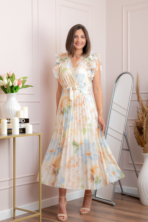 Rochie eleganta plisata Cindy cu imprimeu floral si volane la umeri - Ivoire [3]