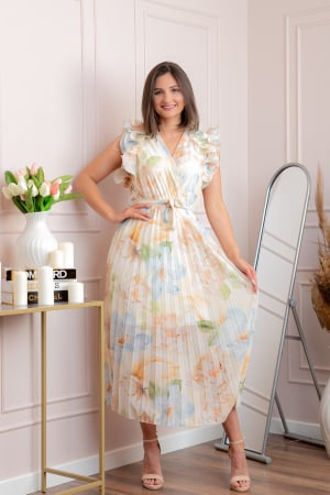Rochii - Rochie eleganta plisata Cindy cu imprimeu floral si volane la umeri - Ivoire