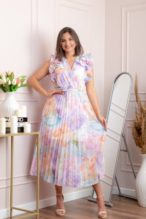 Rochii - Rochie eleganta plisata Cindy cu imprimeu floral si volane la umeri - Lila