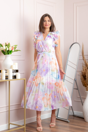 Rochie eleganta plisata Cindy cu imprimeu floral si volane la umeri - Lila [3]