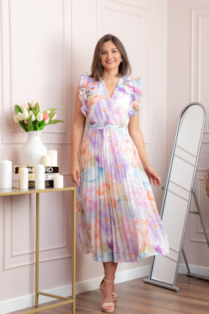 Rochie eleganta plisata Cindy cu imprimeu floral si volane la umeri - Lila [2]