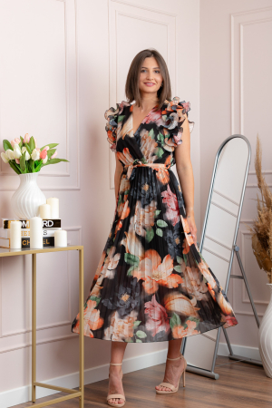 Rochie eleganta plisata Cindy cu imprimeu floral si volane la umeri - Negru [3]
