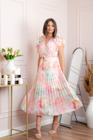 Rochie eleganta plisata Cindy cu imprimeu floral si volane la umeri - Roz pastel [3]