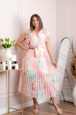 Rochii - Rochie eleganta plisata Cindy cu imprimeu floral si volane la umeri - Roz pastel