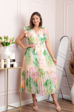 Rochii - Rochie eleganta plisata Cindy cu imprimeu floral si volane la umeri - Verde pastel