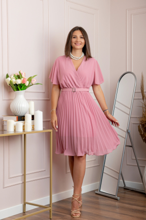 Rochie eleganta plisata din voal Cassie cu decolteu in V - Roz [2]