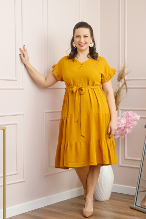 Rochie eleganta Rosalie cu volane si cordon in talie - Galben mustar [2]