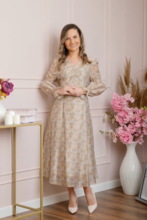 Rochie eleganta Sienna cu maneci bufante - Crem [3]