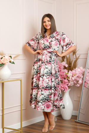 Rochie Emma petrecuta cu cordon in talie - Roz cu gri [4]