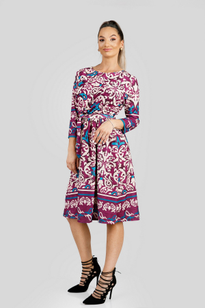Rochii - Rochie office fuchsia cu imprimeuri crem si maneci trei sferturi