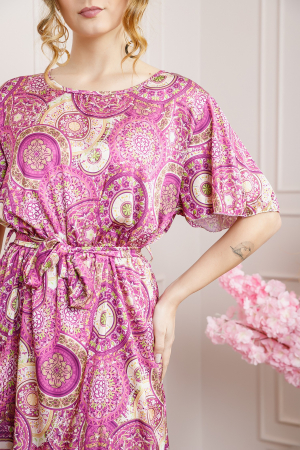 Rochie fuchsia cu imprimeuri mandala si volanas la maneci [1]
