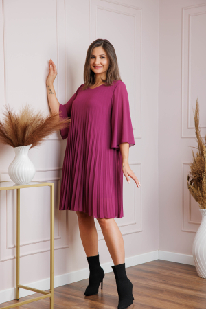 Rochie fuchsia din voal plisat cu maneci 3/4 Tina [2]