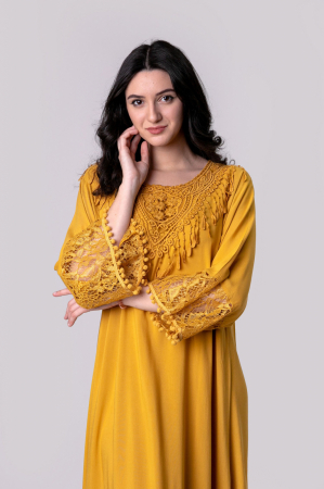 Rochie galben mustar boho chic cu dantela si ciucuri [2]