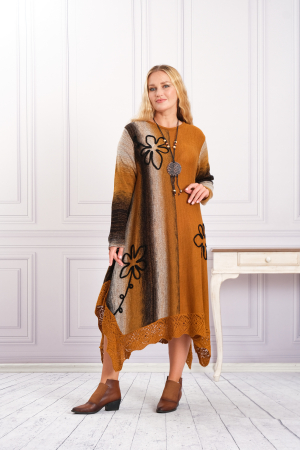Rochie galben mustar boho chic tricotata cu baza asimetrica si model floral [3]