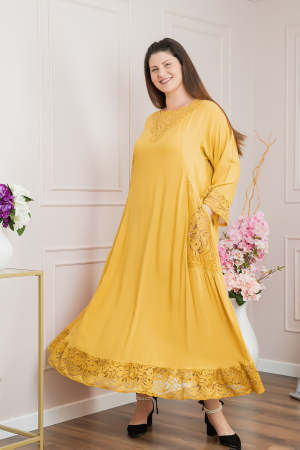 Rochie galbena boho chic cu aplicatii florale din dantela [3]