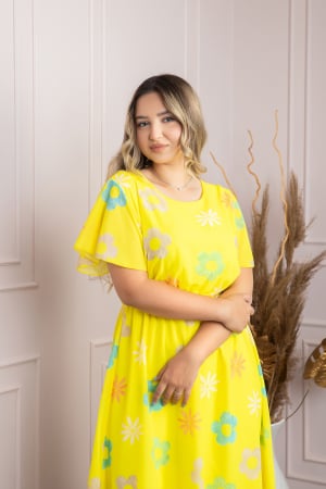 Rochie galbena cu imprimeu floral si maneci fluture [2]