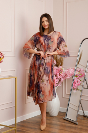 Rochie Grace din voal cu croi in A si imprimeu floral caramiziu [3]