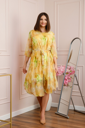 Rochie Grace din voal cu croi in A si imprimeu floral galben [2]