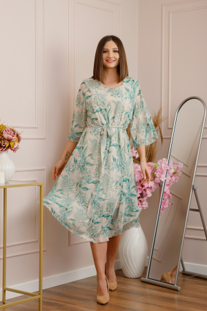 Rochie Grace din voal cu croi in A si imprimeu floral turcoaz [2]
