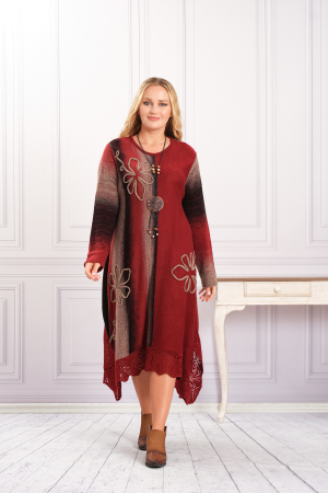Rochii - Rochie grena boho chic tricotata cu baza asimetrica si model floral