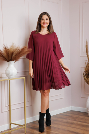 Rochie grena din voal plisat cu maneci 3/4 Tina [3]