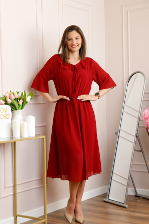 Rochii - Rochie grena vaporoasa cu elastic in talie si volanas la decolteu Allegra