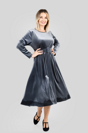 Rochie gri din catifea cu centura in talie [3]