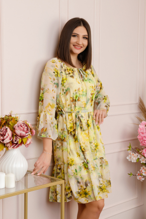 Rochie Juliette din voal cu volanase si imprimeu floral galben [2]