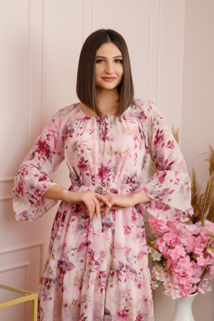 Rochie Juliette din voal cu volanase si imprimeu floral roz pastel [1]