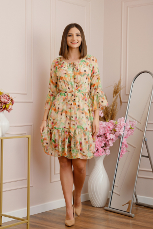 Rochie Juliette din voal cu volanase si imprimeu floral roz somon [3]