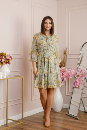 Rochie Juliette din voal cu volanase si imprimeu floral verde pastel [3]