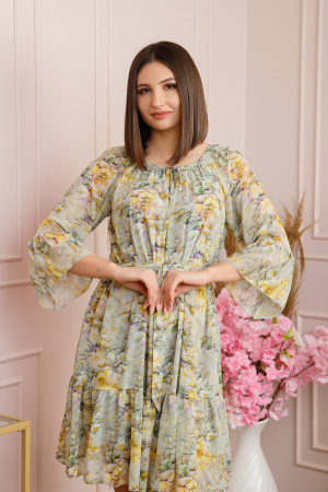Rochie Juliette din voal cu volanase si imprimeu floral verde pastel [1]
