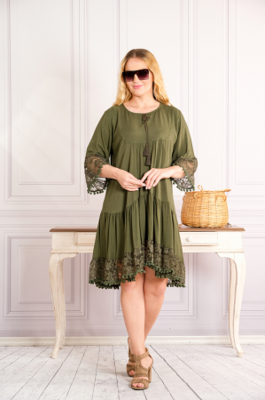 Rochie kaki midi boho chic cu aplicatie din dantela si volane [3]